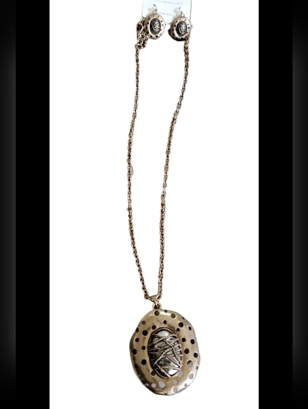 Reve Bronze Silver Tone Rope Egg Medallion Necklace Earrings